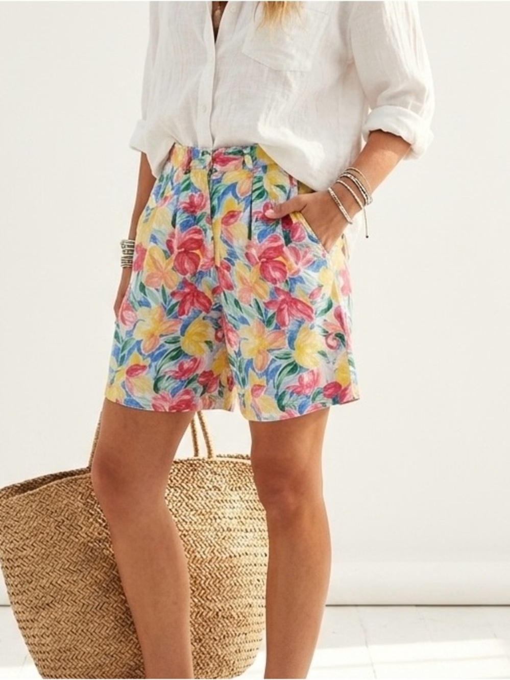 Vtg 90s Eastbrook High Waisted Cotton Pleated Tropical Floral Shorts Retro 4
